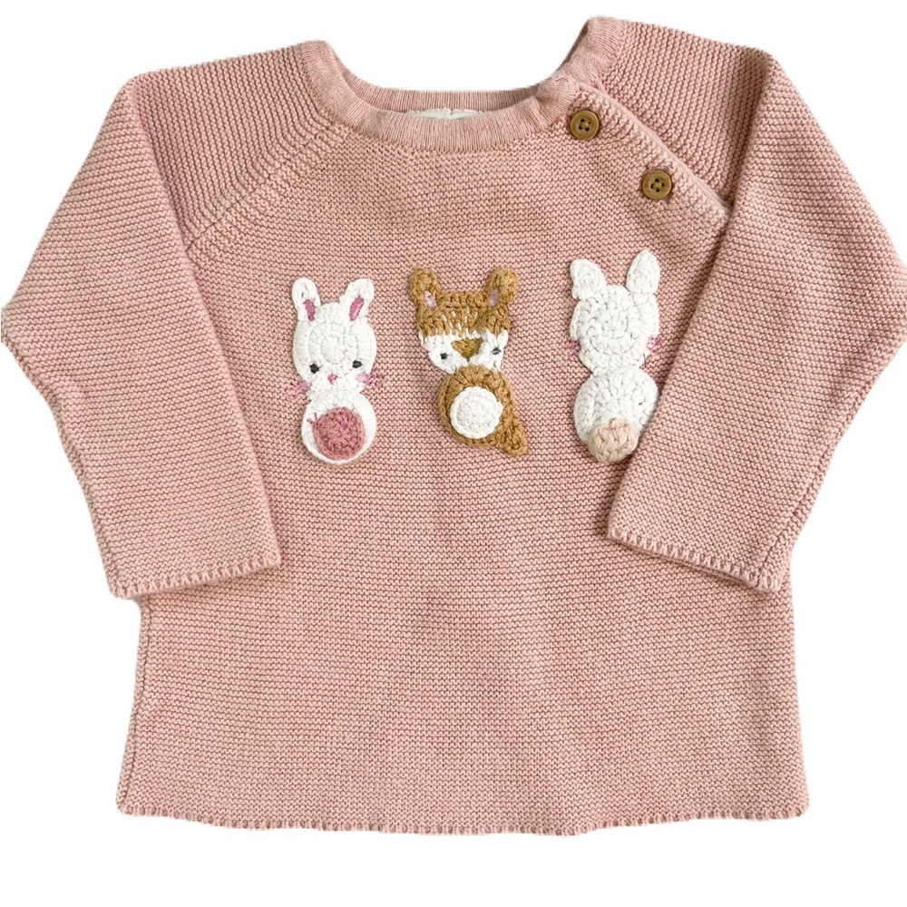 Fred & Flo Pink Knit Sweater with Animal Appliques
